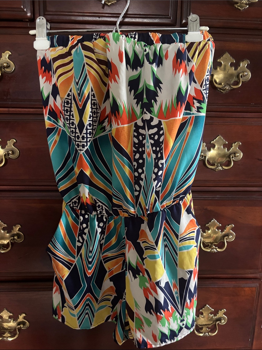 Strapless Printed Romper in Teal, Navy & Orange